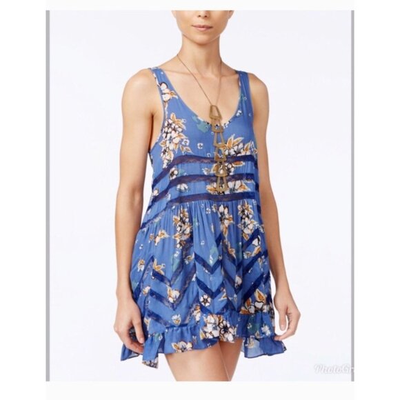 Intimately Free People Floral Print Trapeze Mini Dress XS Blue Boho - Picture 1 of 12
